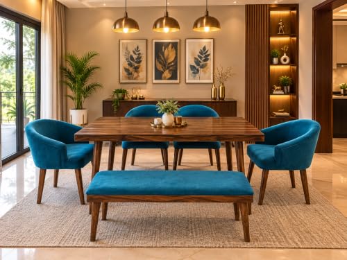 Image of DaneWood Wooden Dining Table 6 Seater | Six Seater Dinning Table with Upholstered 4 Dining Chairs & 1 Bench for Home | Dining Room Sets for Restaurants | Sheesham Wood | Honey Finish & Blue