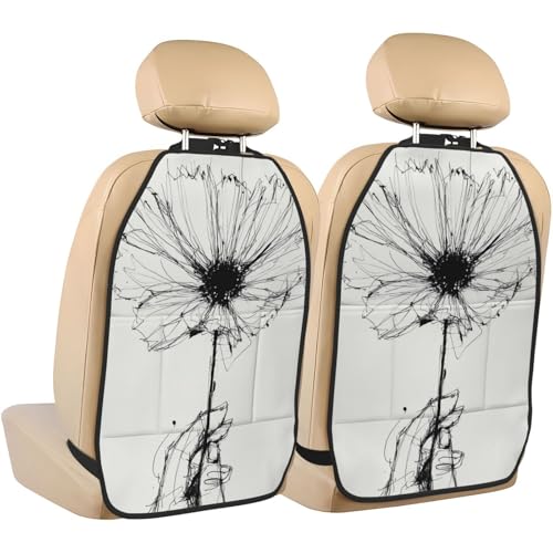 Daisy Flower Minimalistic Line Art Abstract Car Seat Back Kick Protectors,2 Pack Kick Mats With Storage Pockets For Vehicles To Protect From Dirt Mud Scratches
