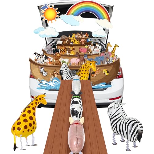 Soulchen Religious Halloween Noahs Ark Trunk or Treat Car Decorations Kit Include Jesus Ship Backdrop 10 Aluminum Foil Walking Animal Balloons and Brown Background Cloth for Car Decorations