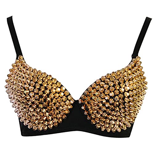 Generic Womens WomenS Studded Rivets Bras Punk Push Up Tops Underwear For Party Club Sexy Gothic Metallic Bra Clubwear Golden,Small