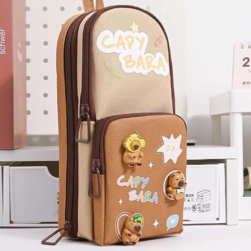 Image of Canvas Kawaii Pencil Case 3 Compartment Cute Pencil Case for Girls Large Capacity Pen Pencil Pouch for Boy Smooth Zipper Multifunctional Stationery Organizer for School Office (HT Brown Bara)