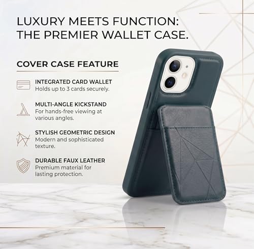 Image of amazon basics Premium Vegan Leather Back Cover with Card Holder and Integrated Mobile Stand for iPhone 12 - Slim Shockproof Wallet Case with Geometric Stitching [Blue]