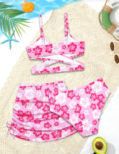 Image of Girls Swimsuits 3 Piece Bathing Suit Allover Printed Criss Cross Bikini Set with Cover Up Skirt Beach Swimwear 7-16 Years