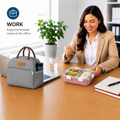 Image of MISAMO ENTERPRISELunch Box with Insulated Lunch Bag Combo, 3 Compartment Stainless Steel Lunch Box with Spoon & Fork, Leak Proof Food Container for School, Office & Travel (Grey Bag+Pink Lunch Box)