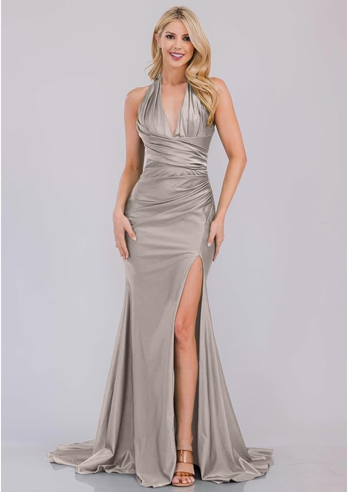 LAGSHIAN Women's Elegant V Neck Halter Backless Bodycon High Split Ruched Long Formal Evening Dress - Image 6