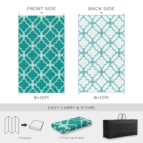 Ashler Outdoor Plastic Straw Rug Waterproof for Patio, Clearance Reversible Camping Mats, 8x10 Large Outdoor Area Rugs with Carrying Bag, for RV, Picnic, Backyard, Indoor, Teal Blue