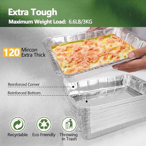 Demiwise Thickened 25 Pack Aluminum Foil Pans, 9x13 Disposable Aluminum Tin Foil Pans for Baking Roasting & Chafing, Half Size Steam Table Deep Pans, Extra Heavy Duty Cake & Oven Pan