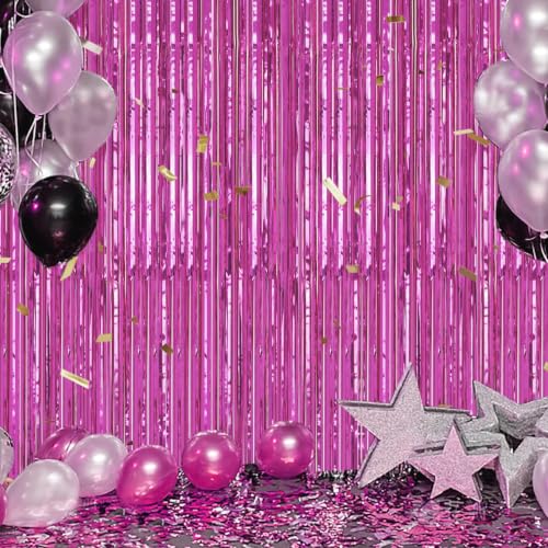 Image of DECOCKRAT 3 Pack Foil Fringe Backdrop - Hot Pink Shiny Tinsel Curtains for Party Decoration /Photo Booth Props - 3.3x8.2 FT Metallic Foil Backdrop for Birthday, Wedding, Graduation, Christmas.