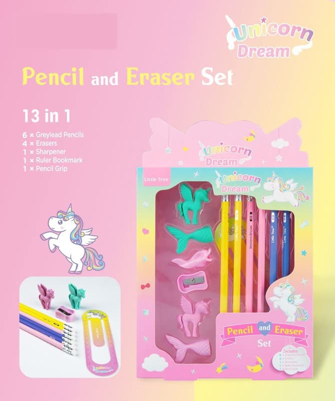 Image of Crackles Unicorn Stationary Kit with Pencils, Erasers, Sharpener, Ruler Bookmark, Pencil Grip Combo Set for Best Return Gift