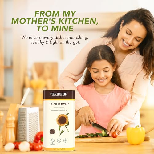 Image of HESTHETIC Premium Edible Cold Pressed Sunflower Oil, 5L, Rich in Healthy Fats, Ideal for Cooking, Frying and Salad Dressings, 100% Pure and Natural, Food Grade Virgin Oil