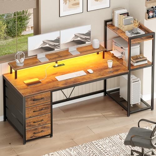 59 Gaming Computer Desk with LED Lights, Power Outlets, Storage, Rustic Brown
