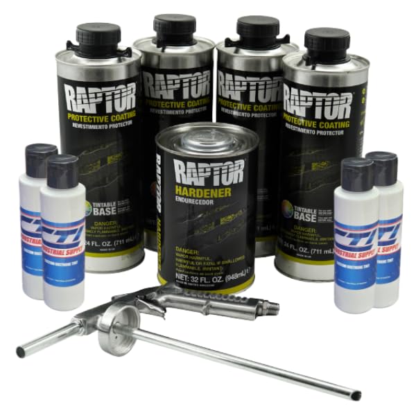 Raptor Truck Bed Liner Kit with Colored GM White Tint and Spray Gun - 4 Liters - Protective Spray On Paint for Coating Trucks Tailgates Vehicle Undercoating - Tintable Bedliner Formula