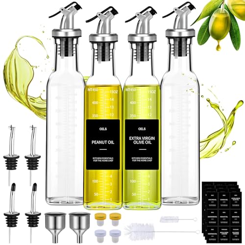 JOTOL Lot De 4 Bouteille Huile Olive,500ml Distributeur D'huile D'olive,Récipient Vinaigre en Verre avec Bec Verseur,Entonnoir en Acier...