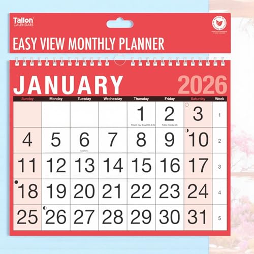 2026 Easy View Monthly Planner, A4 Wall Calendar with Large Font, Month-at-a-Glance, Spiral Bound
