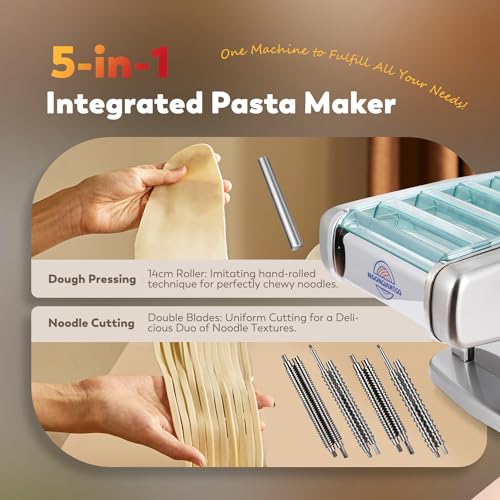 Moongiantgo Nudelmaschine Elektrische Edelstahl mit 9 Einstellbare Dicke 0,5-5mm Für Lasagne, Ravioli, Spaghetti und Tagliatelle (Nudelgröße: 2 mm, 2,5 mm, 4 mm, 9 mm)