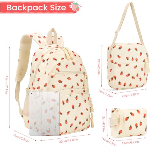 Image of Coquette Strawberry Backpack - Cute Kawaii Backpack Set Aesthetic Daypack Aesthetic Rucksack (B03 Strawberry Beige)