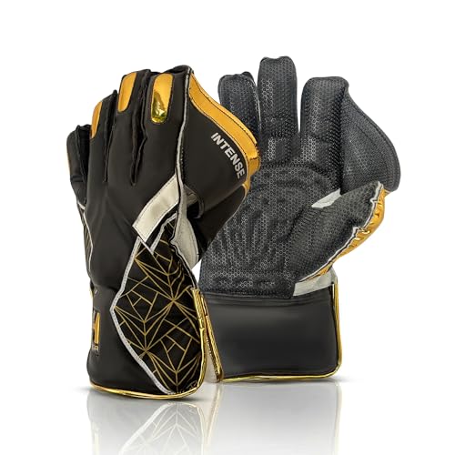Image of Heega Intense Black PU Leather Cricket Wicket Keeping Gloves Suitable for Professional Players | Durable Construction, Superior Grip, High-Density Finger Protection (Men)