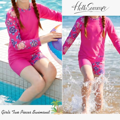 Image of Girls Swimsuit Two Piece Rash Guard Set for 4-14 Years UPF 50+ UV Protective Long Sleeve Swimwear