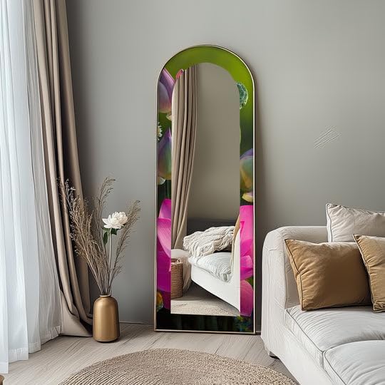 23,5’’W x 67’’H Sacred Bloom – Pink Lotus Botanical Floor Mirror Arched Full Lenght Mirror - Arch Full Body Stained Floor Mirror with Black Frame with Gold Frame