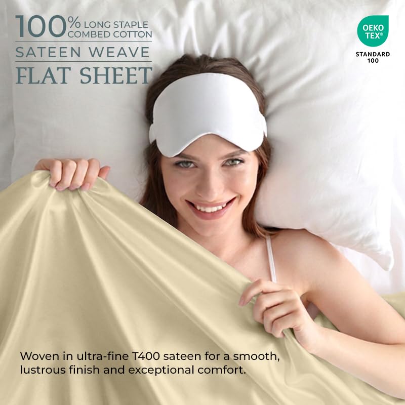 Image of Royale Linen 400 Thread Count 100% Cotton Flat Sheets Only - Cooling Sheets - Twin Top Sheet Sold Separately - Luxury Sateen Weave - Breathable & Super Soft White Flat Sheet Only (Twin, Moroccan Sand)