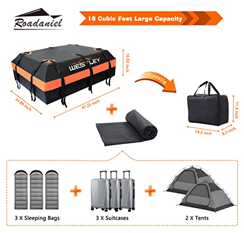 Roadaniel-Westley Car Roof Bag，Rooftop Cargo Carrier, 100% Waterproof 15 Cubic Feet Soft-Shell Luggage Bag, Suitable For All Vehicles With/Without Racks, Includes Anti-Slip Mat, 10 Reinforced Straps #TOP1