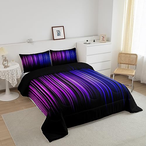 Image of Feelyou Geometric Abstract Ombre Comforter Set Queen Size, Purple Blue and Black Bedding Set for Boys Girls Ombre Gradient Lines Comforter Abstract Duvet Set Kids Room Decor Microfiber Bed Set
