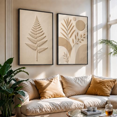 Image of NoWorries Minimal Botanical Wall Painting Set of 2 with Frame | Neutral Beige Fern Leaf & Pampas Grass Abstract Artwork, Soft Nature Wall Decor for Living Room, Bedroom, Office and Home Decoration (Art-16, 21x31inch)