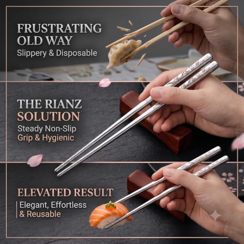 Image of RIANZ 304 Stainless Steel Korean Chopsticks 23.5 cm, Laser Engraved, 1 Pair (Style 1)