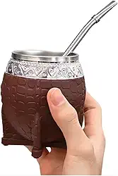 Mate Torpedo Argentino Kit Mate, Taza de te Imperial Acero inoxidável, com caneca de cuia de chá de palha uma bomba (palha), couro artesanal embrulhado ideal para presente e viagem (marrom)