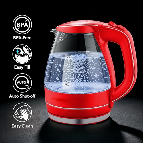 Image of OVENTE Electric Kettle, 1.5L Borosilicate Glass Countertop Water Heater and Boiler for Coffee or Tea, BPA-Free, Auto Shut-Off, Boil-Dry Protection, Removable and Washable Spout Filter, Red KG83R