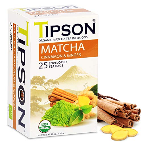 Tipson Organic Matcha Tea Infusions - Matcha Cinnamon & Ginger Flavor - Non GMO and Gluten Free - 25 Premium Tea Bags (Pack of 1)