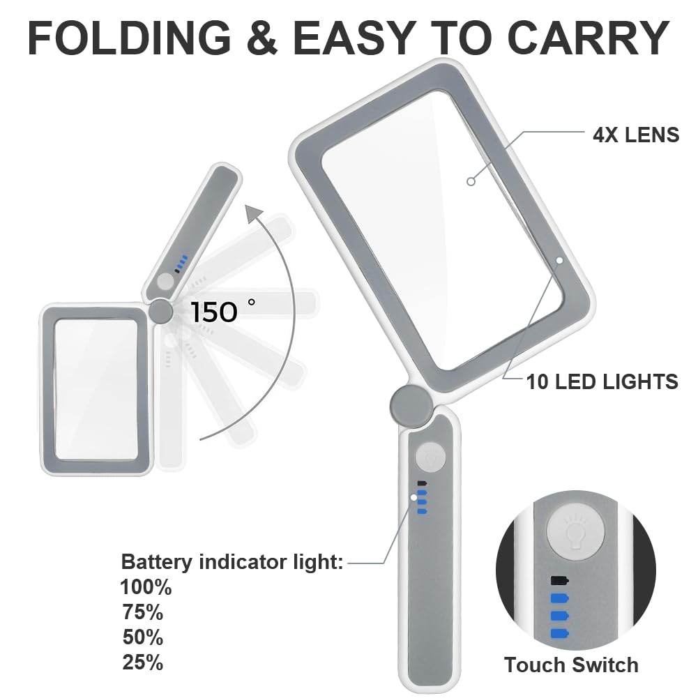 Vicloon Lupa Rectangular, Lupa con Luz 4X, Lupa Grande Plegable con 10 LED y 3 Modos de Luz Fría/Cálida, para Leer Libros de Baja, Páginas, Revistas, Tarjetas, Joyas, Periódicos, Artesanía y Mapas