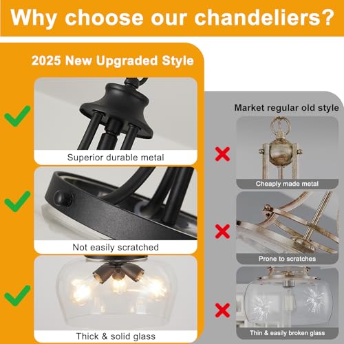 Image of Modern Pendant Lights Kitchen Island, 3-Light Black Pendant Light Fixtures with 14.2 inch Clear Glass Shade, Industrial Hanging Pendant Lights Fixture for Kitchen Island Dining Room Entryway Foyer