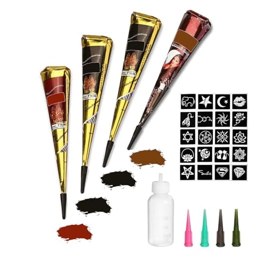 Temporary Tattoos Kit, 4Pcs Semi Permanent Tattoo Paste Cones, India Body DIY Art Painting for Women Men Kids, Summer Trend Freehand Plaste with 3 Colors,20Pcs Adhesive Stencil,1Pc Bottle,4Pcs Nozzles