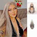 SereneWig Drag Reine Blond Cendré Avant de Lacet Perruque Sans Colle Véritable Naturel Synthétique Cheveux Longs Dames Cosplay Party Pastel Platinum Gris Perruques