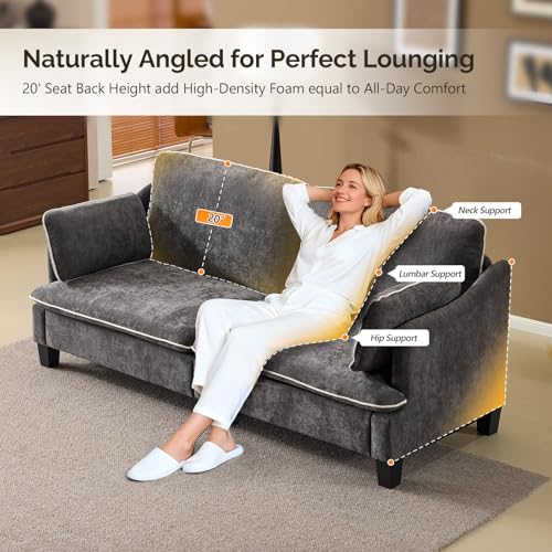VINGLI 84" Sofa Couch, 3 Seater Extra Deep Seat Upholstered Living Room Couches with 2 Piped Seater Cushions, Throw Pillows, Modern Linen Velvet Fabric Sofa for Apartment, Bedroom, Office - Image 5