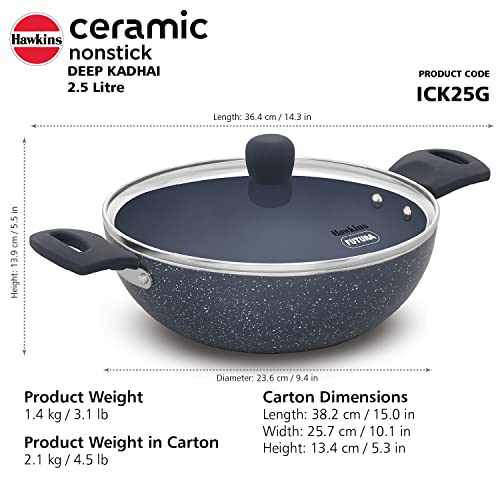HAWKINS Ceramic Nonstick 2.5 Litre Deep Kadhai, Induction Deep Fry Pan with Glass Lid, Granite Kadai (ICK25G) by HAWKINS - Image 7