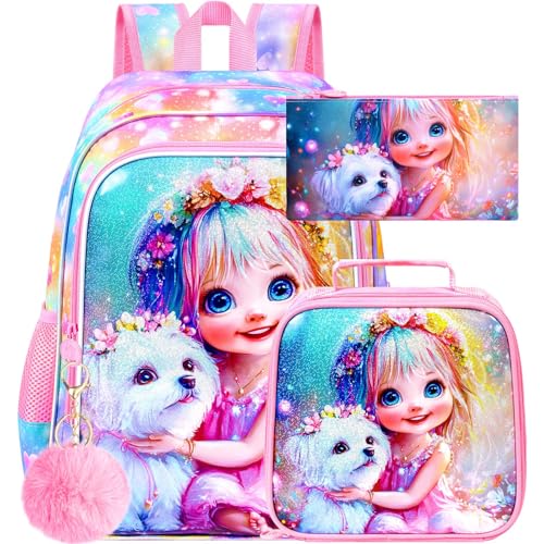 Image of 3Pcs Dog Backpack for Girls, 16 inch Kids Backpacks with Lunch Box, School Bookbag for Elementary Preschool Kindergarten (Pink)