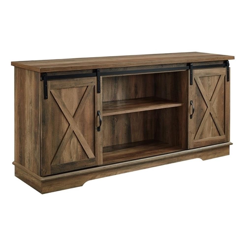 Walker Edison Richmond Modern Farmhouse TV Stand in Rustic Oak, with a TV on top and decorative items on shelves.