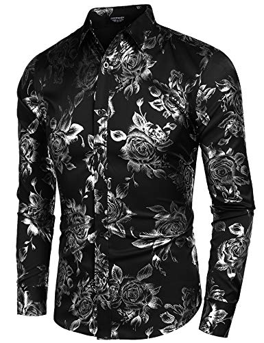 Coofandy Mens Rose Shirt Long Sleeve Dress Shirt Button Down Casual Slim Fit #TOP2