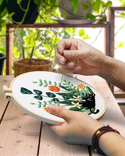 Image of TINDTOP Embroidery Kit for Adults, Embroidery Kit for Beginners Include Embroidery Cloth Hoops Threads for Craft Lover Hand Stitch with Embroidery Skill Techniques (Black Cat) | with Stamped Patterns, Hoop, Tools, Colorful Threads with Needles, Instructions