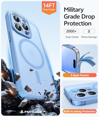 Image of FNTCASE for iPhone 14 Pro Case: [Compatible with Magsafe] Translucent Matte Cases with [Full Camera Protection] [Screen Protector] Military Grade Shockproof Protective Phone Cover - Light Blue