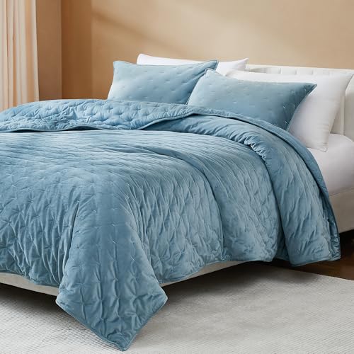 Image of Lush Decor - Quilt Set, 3-Piece Cozy Velvet Bedding with Matching Shams, Embroidered Stitch Design (Haven Blue, Full /Queen)