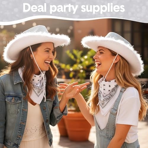 Image of Coume 12 Pcs Sparkly Adults Cowboy Hat and Bandanas Women Men Western Glitter Cowgirl Party Hats with Adjustable Drawstring