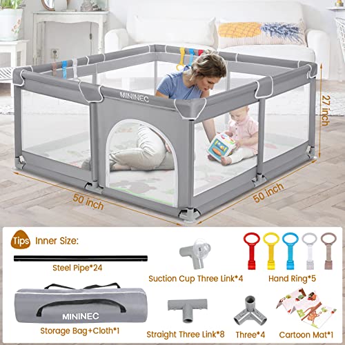 Baby Playpen With Mat,50"X50" Baby Playpen For Babies And Toddlers,Kids Playard Activity Center With Anti-Slip Design,Zipper Gates With Visible Mesh,Hand Rings #TOP5