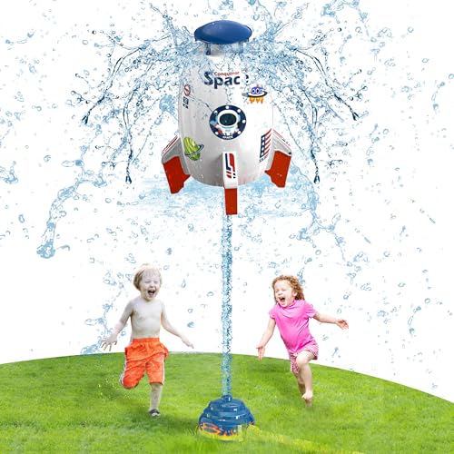 Skirfy Sprinkler Rocket Launcher Outdoor Water Toys for Kids, Rocket Design Water Powered Liftoff 9-16ft & Spin, Summer Garden Lawn Toys & Birthday Gift for Girls Boys Age 3-12 Year Old (White)