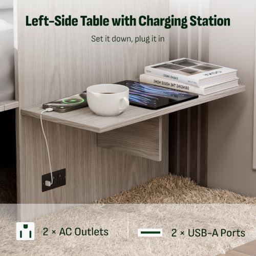 Image of Softa Queen Murphy Bed Cabinet with Storage Drawer & Charging Station, 1200 LBS Heavy Duty Wood Wall Bed with Fold-Down Desk for Guest Room & Home Office, No Box Spring Needed