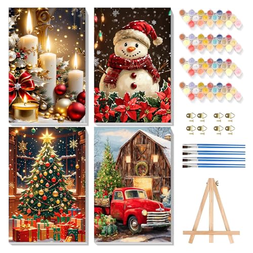 Reivworl 4 Pack Framed Paint by Numbers for Adults with Wooden Easel, Christmas Paint by Numbers Kit for Adults Beginner, Acrylic Painting by Number for Home Decor 8X12 Inch