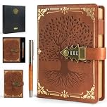 WEMATE Lock Journal with Pen & Gift Box, A5 260 Pages, Refillable, Hardcover Leather Password Notebook for Writing,Vintage Lock Diary for Women, Girls, Men, Students, 8.6 x 5.8 in Brown
