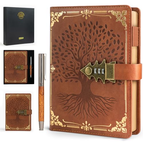 WEMATE Lock Journal with Pen & Gift Box, A5 260 Pages, Refillable, Hardcover Leather Password Notebook for Writing, Vintage Lock Diary for Women, Girls, Men, Students, 8.6 x 5.8 in, Brown